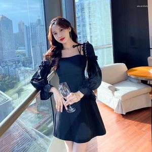 Casual Dresses 2023 Autumn Stitching Long Sleeve Waist Trimming Spaghetti Straps-Word Skirt Commuting Elegant Dress