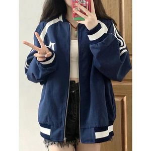 Kvinnorjackor Deeptown Vintage Blue Bomber Jacket Women Korean Fashion Streetwear Track Baseball Jackets Zipper College Varsity Overdimensionerade 231011