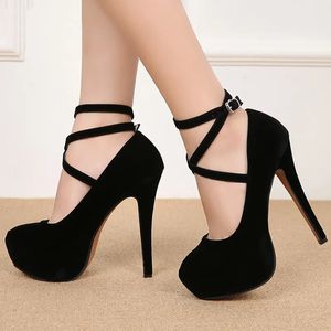 Dress Shoes Pumps High Heel Women New Style Flock Fashion Cross Straps 14cm 4cm Platform Model Nightclub Sexy Plus Size 35-46 231011