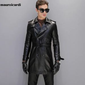 Men's Leather Faux Mauroicardi Autumn Black Trench Coat Men Long Sleeve Belt Double Breasted Brown Plus Size Clothing 4xl 5xl 231012