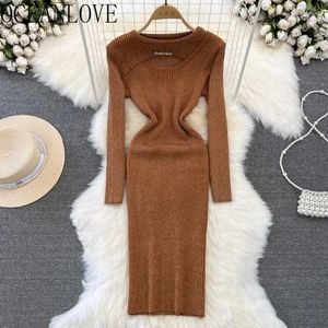 Abiti casual OCEANLOVE Lavoro a maglia Donna Scava Fuori Autunno Inverno Moda coreana Slim Abiti Mujer Lurex Elegante Vintage Robe Femme