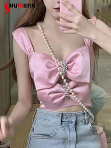 Women's Tanks Acetate Satin Pink Bow Diamond Beaded Camisole Women Summer Sexy Girl Vest Tops Slim Fit Pleated Hollow Out Outer Wear