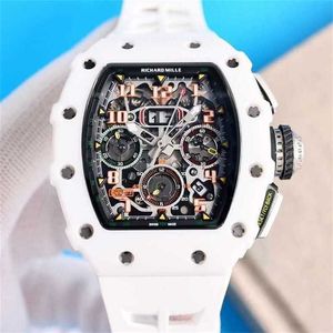 Luxury Watch Multifuncional Designer automático RM11-03 Fita de fibra de carbono branca mecânica Miller