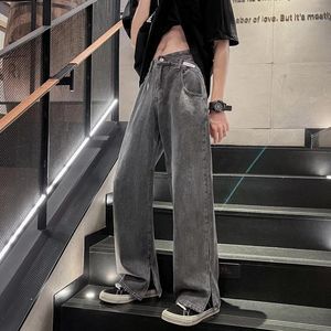 Jeans masculinos europeus e americanos estilo vibe calças high street trendy ins split corte design sentido nicho tubo reto