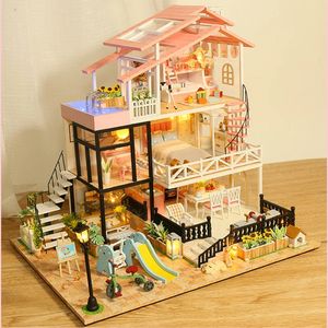 Akcesoria dla lalek DIY Drewniane zestaw miniaturowy z meblami światła księżniczka Casa Big Villa Dollhouse Model zabawki dla dziewcząt prezenty Xmas 231012