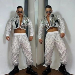 Stage Wear Sequins Hip Hop Clothes Nightclub Male Dancer Costume Silver Jacket Pants Gogo Dance Clothing Party Rave Outfit VDB7390