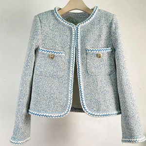 Damenjacken Tweed-Jacke Frühling 2023 Herbst Klassische Damen Runway Plaid Blau Lose Mantel O-Ausschnitt