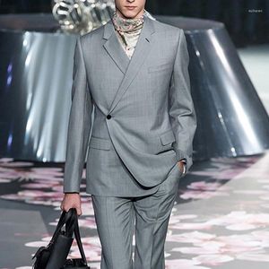 Men's Suits Fashion Blazer Terno Men Grey One Button Notched Lapel Two Piece Jacket Pants Slim Fit Regular Outfits Trajes De Hombre