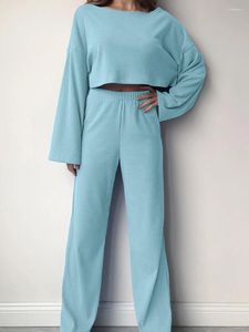 Women's Sleepwear Marthaqiqi Blue Women Suits Long Sleeve Nightwear Crop Top Nightgowns O-Neck Pajamas Pants Autumn Ladies Home Clothes