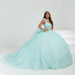 Light Green Sexy V-Neck Quinceanera Dress Bow Lace With Cape Tull Birthday Party Ball Gown Sweet 16 Dress Vestidos De 15