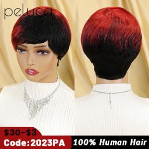 Synthetic Wigs Short Bob Straight Human Wigs With Bangs Brazilian Hair Pixie Cut Wig Human Hair Wig For Black Women Burgundy Ombre Colore 231012