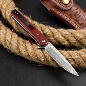 H1087 Flipper Folding Knife Damascus Steel Drop Point Blade Rosewood Handle Outdoor EDC Pocket Folder Knives with Leather Sheath Hong