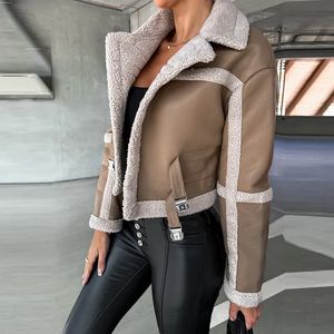 Women's Leather Faux Retro Warm Patchwork Fur Overcoat Women Turndown Collar Buckle Slim Top Jacket Fall Winter Long Sleeve Cardigan Outwear 231011