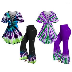 Women's Two Piece Pants ROSEGAL Plus Size Suits Tie Dye Printed Crisscross V Neck Short Sleeve T-Shirt And Flare Outfit XS-5XL