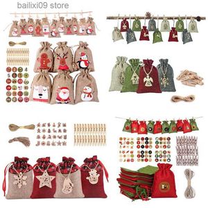 Christmas Decorations 24pcs Christmas Advent Calendar Bag Linen Wall Hanging Drawstring Bag With Clips Wooden Sign 2022 Christmas Countdown Advent Bag T231012