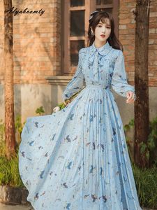 Casual Dresses Spring Autumn Women Blue Princess Fairy Dress Bow Collar Birds Mönster Tryckt Chiffon Elegant Feminine Pleated Midi