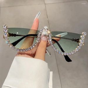 Óculos de sol KAMMPT Semi-redondo Mulheres Moda Vintage Gradiente Metade Sem Aro Shades Com Strass Ins Trendy Marca Eyewear