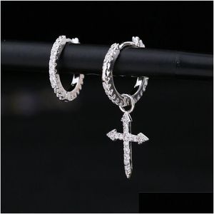 Sterling Sier Mosaic Cubic Zircon Cross Pendant Earrings for Women Asymmetric Hoop Earring S-E1093 DHGARDEN OTYW6