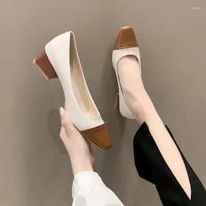 Sandals Two Tone Stitching Chunky Heel Pumps Fashion Shallow Mouth Single Shoes Women's Career Square Toe High Heels Grandma
