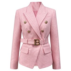 New Autumn Winter Women Blazers Long Sleeve Double Breasted Lion Head Buttons Blazer Jacket with Sashes High Quality Office Lady Business Slim Suit Coat Outwear