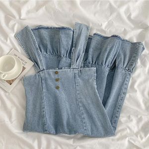 Casual Dresses Light Blue Thin Denim Dress For Women Wide Strap Slim A-Line Suspender Vestidos Female Ruched Overalls Summer