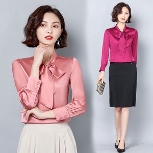 Silk Blus Woman Designer Ribbon Bow Pink Bluses Long Sleeve Autumn Winter Casual Runway Satin Solid Work Shirt Plus Size Office Ladies Simple Fashion Formal Tops