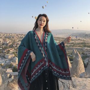 Shawls Women Autumn Winter Bohemian Faux Cashmere Out Streetwear Long Thick Poncho Shawl Female Big Pendulum Loose Cloak Coat 231012