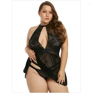 Women's Sleepwear Sexy Large Nightwear Plus Size Lingerie Women V-Neck Costumes See Through Lace Underwear Sleeping Soft Homewear Dress