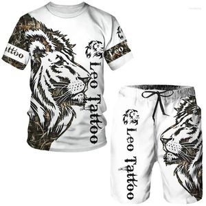 Fatos masculinos verão tatuagem animal branco manga curta camiseta o leão 3d impresso conjuntos de 2 peças conjunto roupas esportes terno topos