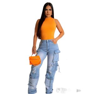 2023 New Women Denim Cargo Pants Fashion High Waist Straight Ripped Jeans Baggy Pant Aesthetic Multi-pocket Trousers Women Outfit