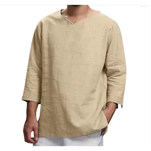 Camiseta masculina com decote em v algodão linho masculino respirável cor sólida manga longa casual esportes moda camiseta topos M-4XL