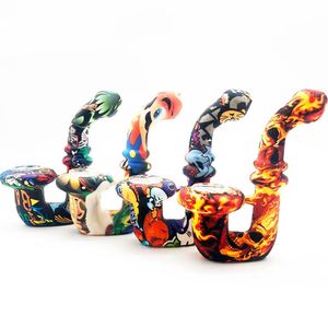 Colorful Pattern Silicone Pyrex Thick Glass Pipes L Shape Filter Singlehole Bowl Portable Dry Herb Tobacco Cigarette Holder Hookah Waterpipe Bong Smoking Tube