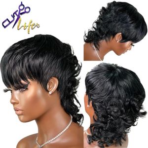 Synthetic Wigs Short Pixie Cut Wig With Bangs Brazilian Remy Loose Wave Human Hair Full Machine Wig No Lace Wigs For Black Women Model Length 231012