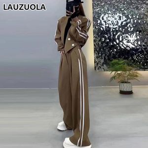 Kvinnors tvåstycksbyxor 2023 Autumn Winter Korean Style Striped Wide Leg Suit Outfit Casual 2 Women Jacket and Trouser Matching Set