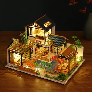 Doll House Accessories DIY with Cover Miniature Model Building Blocks Childrens Toys Dollhouse Wooden 231012
