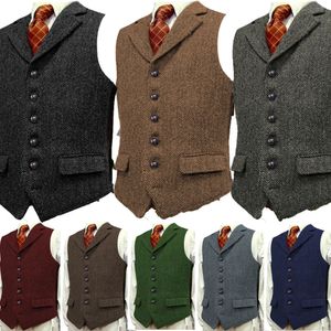 Mäns västar Wool Tweed Slim Fit Leisure Cotton Bourgogne Vest Gentleman HerringBone Business Brown Waistcoat Blazer för bröllopsbrud 231011