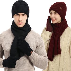 Halsdukar mäns vinter hålla varm set fleece foder beanie tellefingers handskar förtjockas halsduk stickad ljuddämpare unisex hatt fast färg halsduk 231012