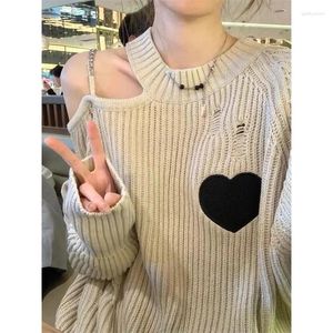 Kvinnors tröjor Deeptown Korean Streetwear Y2k Beige tröja Kvinnor Vintage Off Axla Overize Distessed Knit Top Grunge Chic Irregular