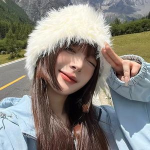 Beanie/Skull Caps Winter Long Rabbit Hair Bucket Hats For Women Plain Face All-Match Warm Fisherman Basin Cap Cute Japanese Furry Wholesale 231011