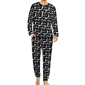 Men's Sleepwear Black Bat Pajamas Daily 2 Pieces White Animal Cute Pajama Sets Man Long Sleeve Night Design Home Suit Big Size