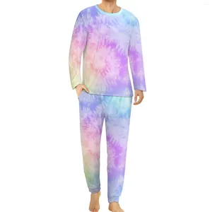 Men's Sleepwear Pastel Tie Dye Pajamas Men Spiral Print Warm Nightwear Winter Long Sleeves Two Piece Casual Graphic Pajama Sets Big Size