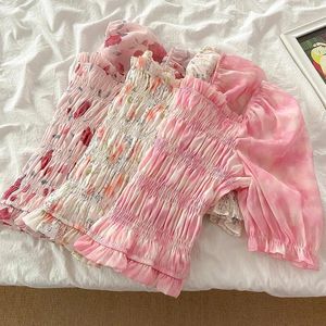 Kadınlar bluzlar çiçek baskısı gömlek yaz fransız tarzı ince kare yaka mahsulü 2023 tatlı vintage kısa kollu tişört