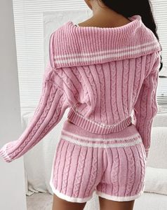 Fatos femininos 2023 outono inverno moda versátil temperamento comutando cabo listrado malha cardigan e shorts de cordão conjunto para