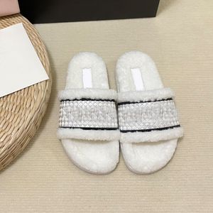 l Fur Lined Letter Printed Flat Warm Fall Winter Slippers Luxury Slides Shoes