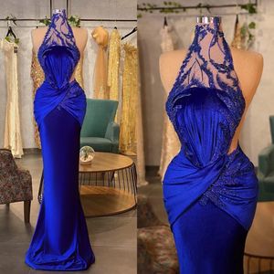 Aftonklänningar Royal Blue Prom Party Gown Formal Custom Plus Size Ny blixtlås snörning av sjöjungfru ärmlös backless Applique -paljetter Hög nacke elastisk satin