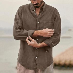 Men's T Shirts Men Button-Down Collar Single Breasted Solid Color Summer Cotton Linen Fashion Long Sleeve Tops For Dating 2023