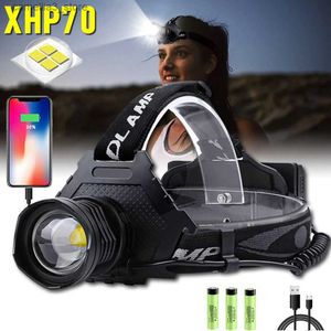 Lâmpadas de cabeça XHP70 LED Farol recarregável Super Bright Head Lanterna Power Bank Pesca Zoom Farol Outdoor Camping Running Q231013