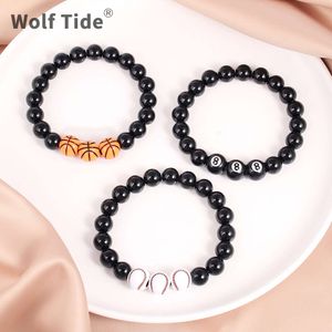 New Acrylic Digital 8 Volleyball Basketball Sports Bracelet Men's Imitation Obsidian Black Bead Bracelets Elastic Adjustable Jewelry Charms Pulseras Wholesale