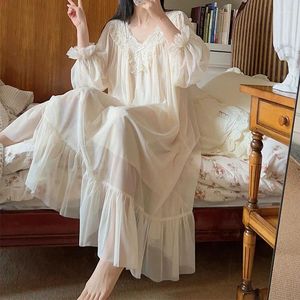 Women's Sleepwear Nightdress Korea Style Long Sleeve Spring Autumn Ladies Nightgowns Solid Lace V Neck Mesh Fairy Nightwear For Female