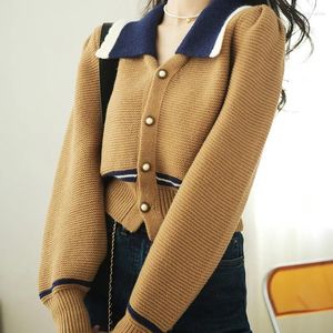 Women's Knits Contrast Color Pete Pan Collar Knitted Cardigan Women 2023 Autumn/Winter Vintage Lantern Long Sleeve Sweater Coat Knitwear